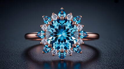 Macro photograph of a rose gold ring with a large blue topaz center stone surrounded by smaller blue and white diamonds