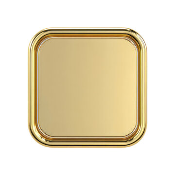 A 3D render of a shiny golden square with rounded corners on a black background, suggesting a digital button