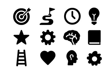 Goal Setting Icons. Goal setting. Solid icon set of goal setting: target, arrow, path, flag, clock, light bulb, star, gear, brain, book, ladder, heart. Filled