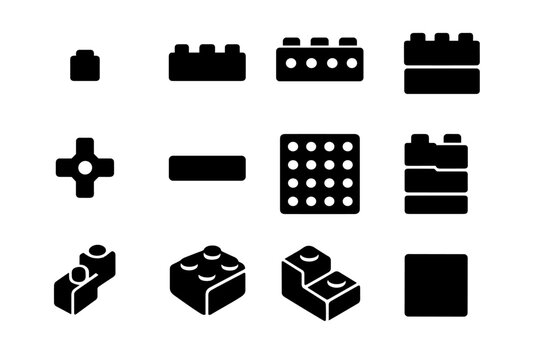 Icon Grid. building blocks. Solid icon set of building blocks: single brick, double brick, 2x4 block, 2x2 block, connector piece, plate,