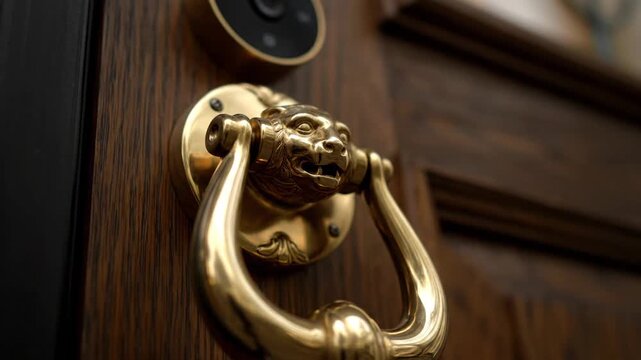 Elegant door with ornate golden knocker of a lion's head design
