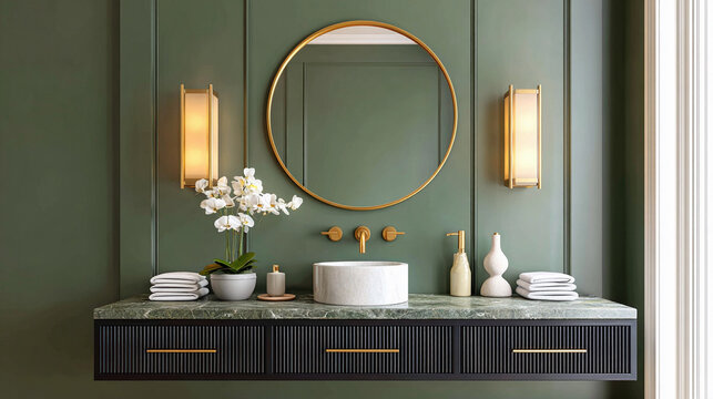 Modern bathroom design featuring elegant fixtures and neutral decor with natural elements - Powered by Adobe