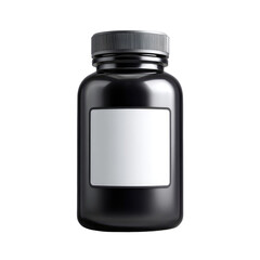 Glossy, black container with a dark cap and a blank white label. Isolated on a black background. Realistic product shot