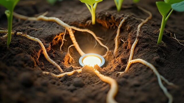 Dynamic plant root system animation with glowing energy core in fertile soil for science videos