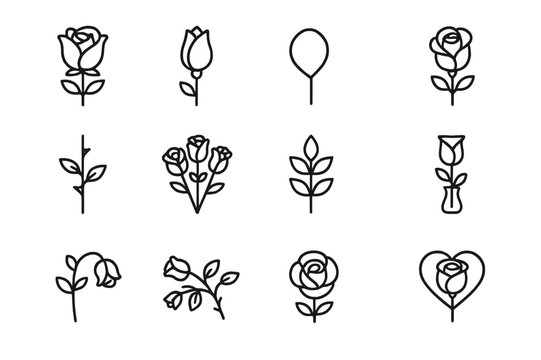 Rose Icon Set. Rose variants. Line icon set of Rose variants: blooming rose, rosebud, single petal, rose flower, thorned stem, rose bouquet, stem with leaves,