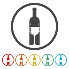 Fototapeta premium Wine bottle and glass icon. Set icons in color circle buttons