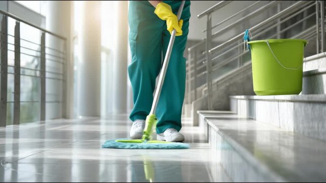 Professional cleaner wearing gloves and a uniform mops the floor in a commercial building