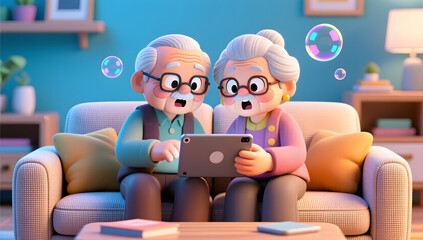 Modern home elderly couple using tablet