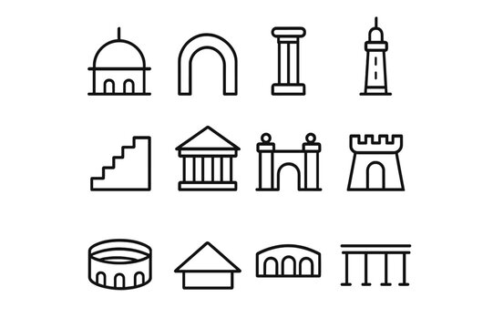 Architectural Line Icon Set. Architectural wonders. Line icon set of architectural wonders: dome, arch, pillar, tower, staircase, temple, gate, fortress,