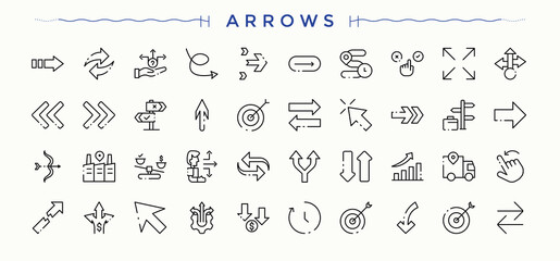 Arrows line icon set. Pointer icon set. Icons for UI designs. Contains such icons as arrow, click, cursor, circle, point, next and more. Editable stroke. Pixel Perfect.