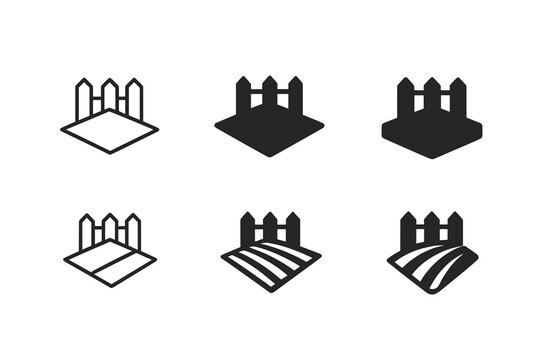Landowner Icon Set. Landowner. Icon set. Set Logo of landowner: plot of land with fence. harmonious logo variations of the same emblematic concept, each with