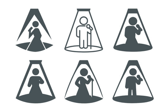 Singer Logo Variations. Singing for TV shows and live performances. Icon set. Set Logo of singing for TV shows and live performances: spotlighted singer