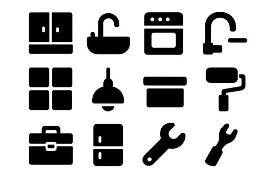 Kitchen Renovation Icons. Kitchen renovation. Solid icon set of kitchen renovation: cabinet, sink, stove, faucet, tile, light fixture, countertop, paint