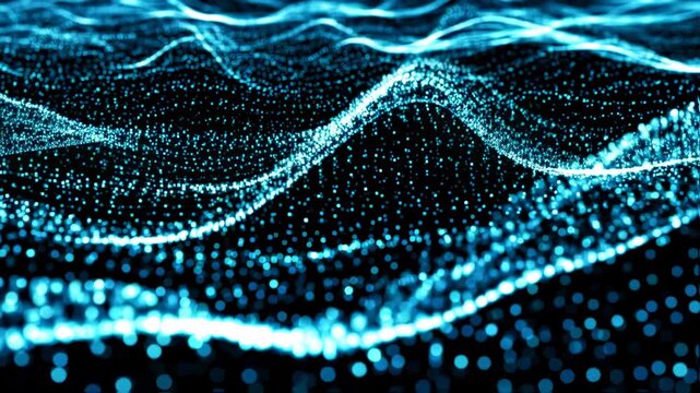 Abstract blue particles undulate on a dark background, creating a flowing, luminous effect
