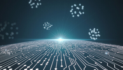 Abstract digital landscape featuring circuit board patterns converging towards a bright light on the horizon, with floating data particles above, symbolizing advanced technology
