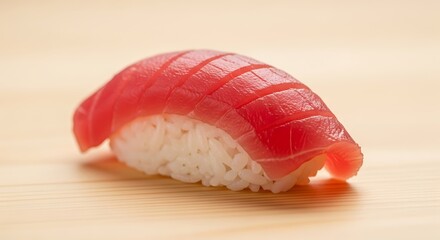 A single piece of vibrant red tuna nigiri sushi resting on a light wooden surface, showcasing fresh fish
