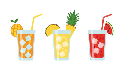 Refreshing summer drinks with ice and fruit garnishes, perfect for a tropical vacation