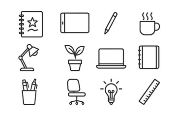 Creative Workspace Icons. Creative Workspace. Line icon set of Creative Workspace: sketchbook, tablet, pencil, coffee cup, desk lamp, plant, laptop, notebook,