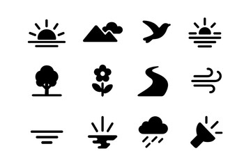 Fototapeta premium Tranquil Sunrise Icons. Tranquil sunrise. Solid icon set of tranquil sunrise: sun rays, mountain, cloud, bird, reflection, lake, tree, flower, path, breeze,