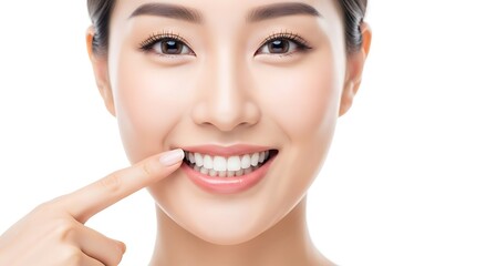 Closeup portrait of a smiling asian woman pointing to her perfect white teeth isolated on white background