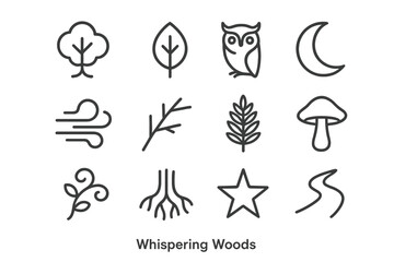 Fototapeta premium Whispering Woods Icons. Whispering Woods. Line icon set of Whispering Woods: tree, leaf, owl, moon, mist, branch, fern, mushroom, vine, root, star, path. All
