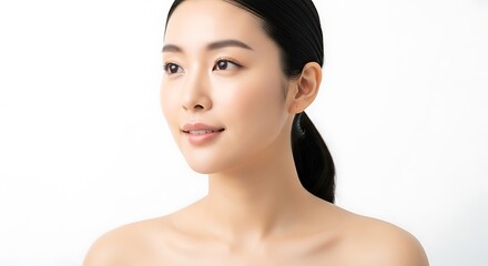 Closeup portrait of a young east asian woman with clear skin and hair pulled back, isolated on white background