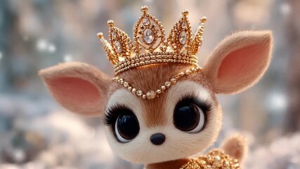 Charming animated deer with golden crown and jewelry in snowy scene - Powered by Adobe