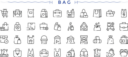 Bag icon set. Pictograms of tote, shop, shopping shopping, pack, market and more. Line symbol and sign. Pixel perfect. Editable vector. Shopping Bag modern icon set.