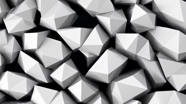 A textured, abstract composition of white geometric shapes on a black backdrop, in low light