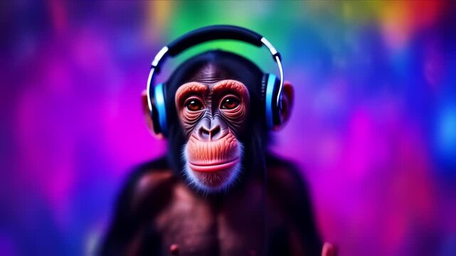A primate with headphones against a vibrant background. Its gaze is forward. Foreground is sharp