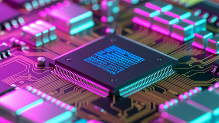 Macro view of a computer processor chip with glowing blue binary code on a circuit board with neon pink and teal lighting