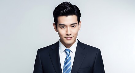 Portrait of a handsome young asian businessman in a dark suit and blue striped tie against a light background