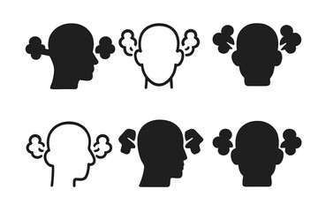 Fototapeta premium Steamed Silhouette Icons. steam coming from ears. Icon set. Set Logo of steam coming from ears: head silhouette with smoke. harmonious logo variations of the