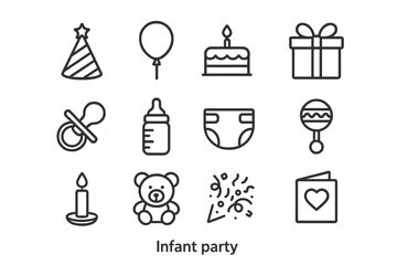 Infant Party Icons. Infant party. Line icon set of Infant party: party hat, balloon, cake, gift box, pacifier, baby bottle, diaper, rattle, candle, teddy bear,