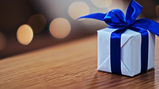 A white gift box tied with a vibrant blue ribbon sits on a wooden surface, soft bokeh in background