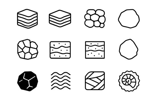 Sedimentary Rock Icons. Sedimentary rocks. Line icon set of sedimentary rocks: sandstone, shale, limestone, conglomerate, breccia, siltstone, mudstone, chert,
