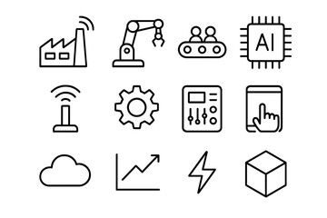 Fototapeta premium Smart Manufacturing Icons. Smart manufacturing. Line icon set of smart manufacturing: factory, robot arm, conveyor, AI chip, sensor, gear, control panel,