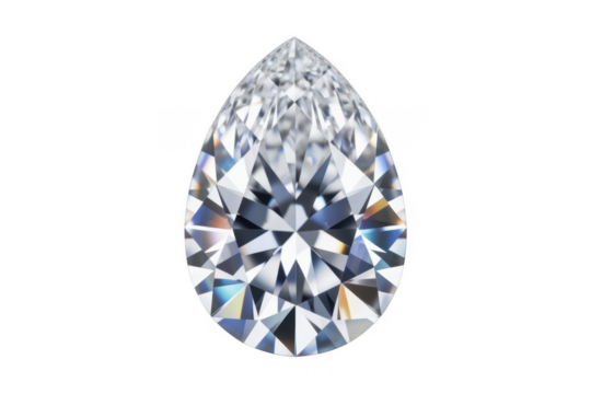 Pear cut diamond with brilliant facets and rainbow light refraction isolated on a transparent background