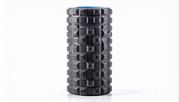 Blue textured foam roller standing upright isolated on white background, fitness accessory for exercise therapy, stretching, rehabilitation, recovery, massage, wellness, health, gym, and physical 