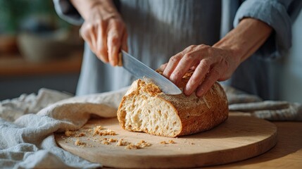 Woman cutting loaf of bread in kitchen.