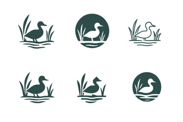 Wetland Icon Designs. Waterfront habitats and marshlands. Icon set. Set Logo of waterfront habitats and marshlands: wetland with waterfowl. harmonious logo