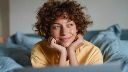 Woman looking at camera in cozy bedroom.
