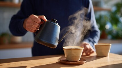 Person pouring steamy coffee into a cup at a tabletop.
