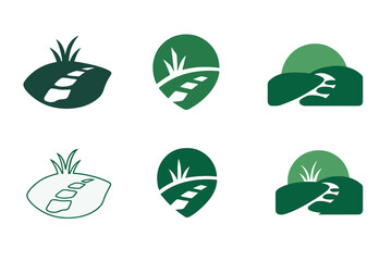 Obraz premium Outdoor Landscaping Icons. Outdoor landscaping design and installation. Icon set. Set Logo of outdoor landscaping design and installation: Lawn with stone