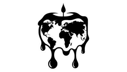 Black and white world map melting candle illustration on white background