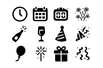 Festive Countdown Icons. Countdown Party. Solid icon set of clock, calendar, countdown timer, fireworks, champagne bottle, champagne glass, party
