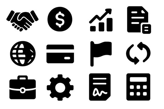 Economic Icons Grid. Economic partnership. Solid icon set of economic partnership: handshake, coin, bar graph, document, globe, credit card, flag, arrow