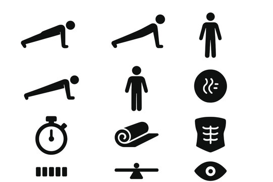 Plank Pose Icons. A Person Doing a Plank, Holding Their Body in a Strong, Stable Position. Solid icon set of A Person Doing a Plank, Holding Their Body in a
