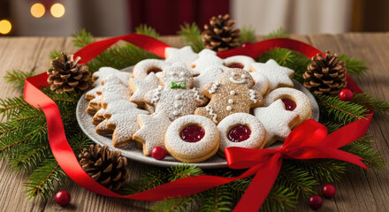 Festive Table Setting with Christmas Cookies and Colorful Red Ribbons.