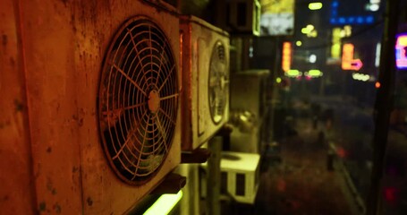 Numerous aged air conditioning units are attached to a building, overlooking a vibrant urban street filled with neon lights and bustling pedestrians during the night.
